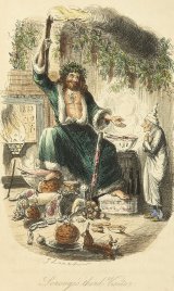 Scrooge and the Ghost of Christmas Present, by John Leech. Made for Charles Dickens's novel A Christmas Carol (1843)